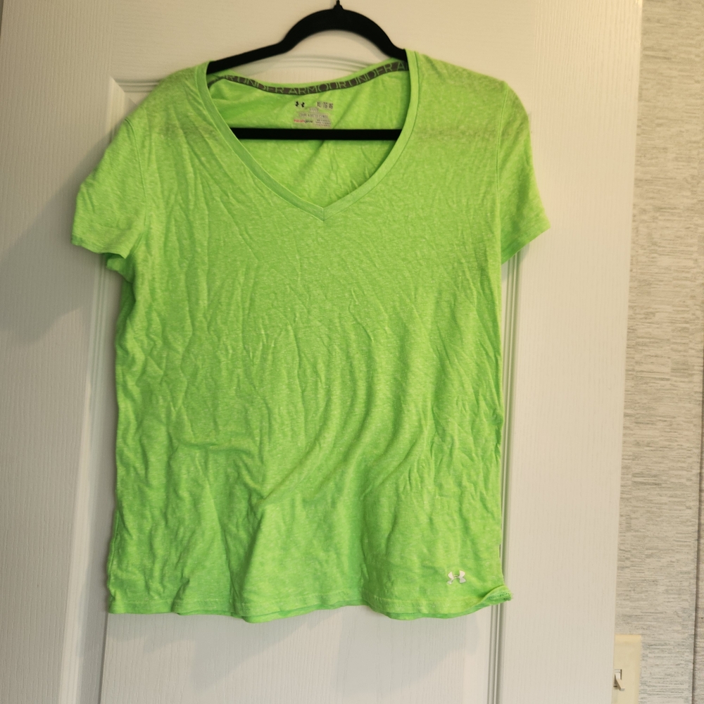 Under Armour Women's Bright Green V-Neck Fitted Blouse Size XL Euc